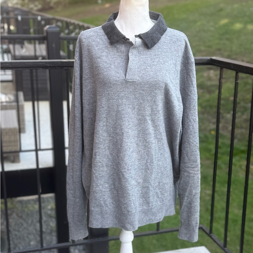 Barbour Gray Long-Sleeve Polo Sweater with Dark Gray Collar